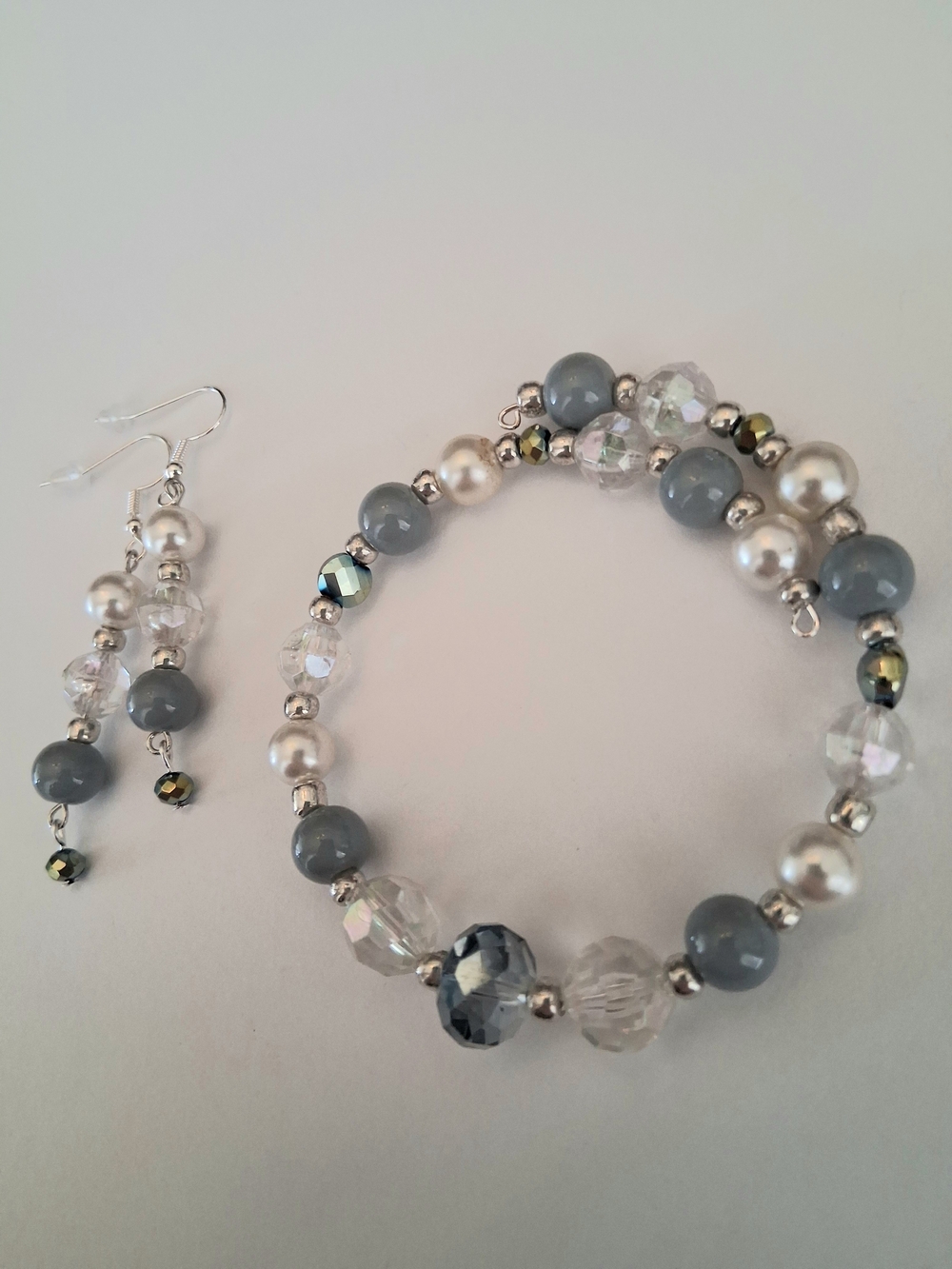 Pearl, Grey & Crystal Bead Bracelet and Earring Set - Handmade